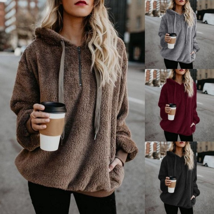 American Long Sleeve Hooded Solid Color Women's Sweater Sweater Jacket
