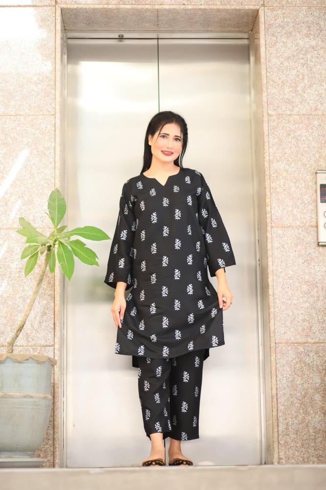 Women's Stitched Linen Block Printed Shirt And Trouser Two PCs