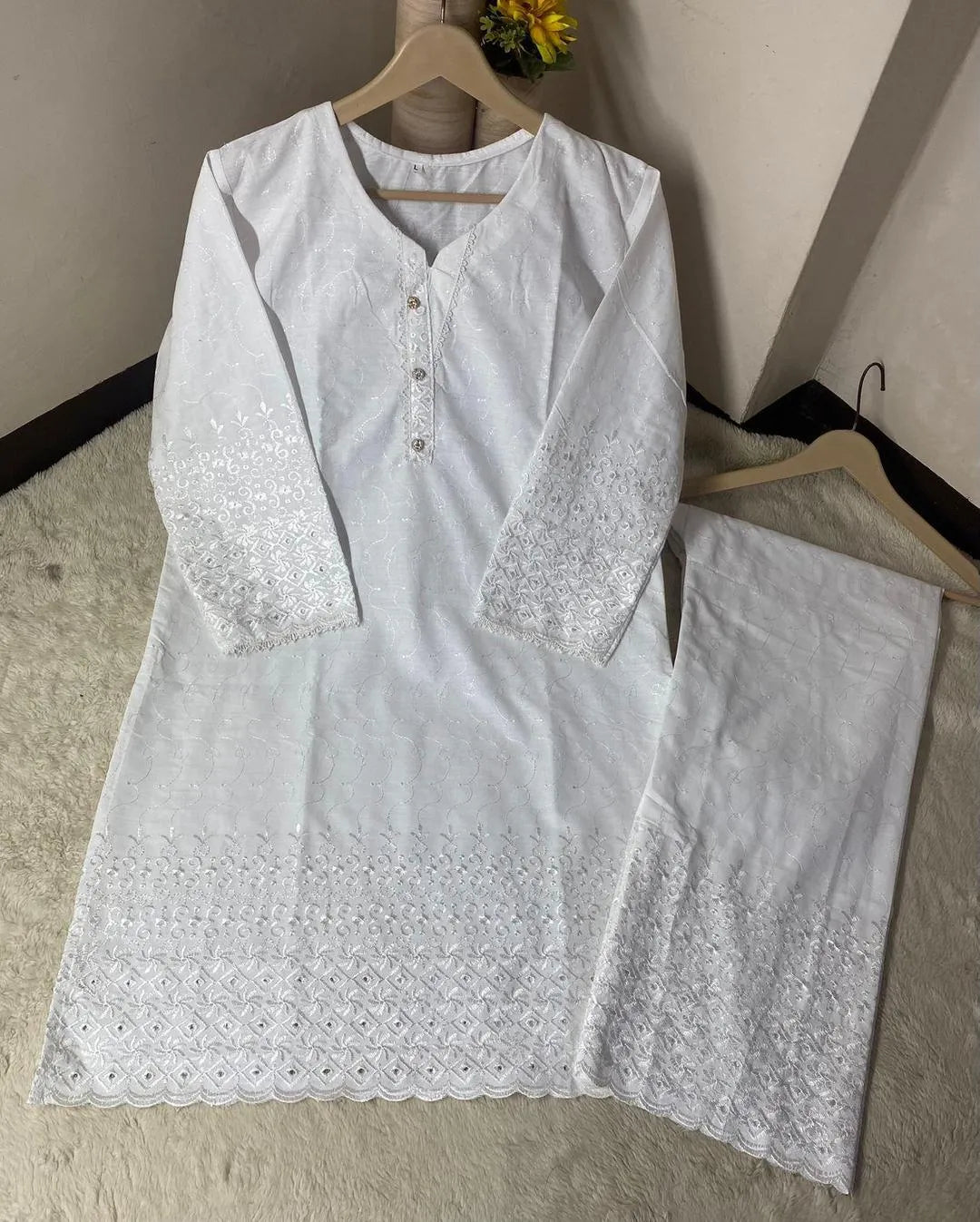 Women's Stitched Chikankari Plain Shirt And Trouser Two PCs