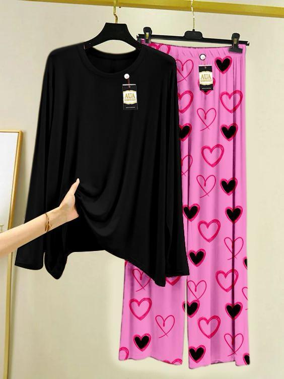 2 Pcs Women's Stitched Plain Night Suit heart design