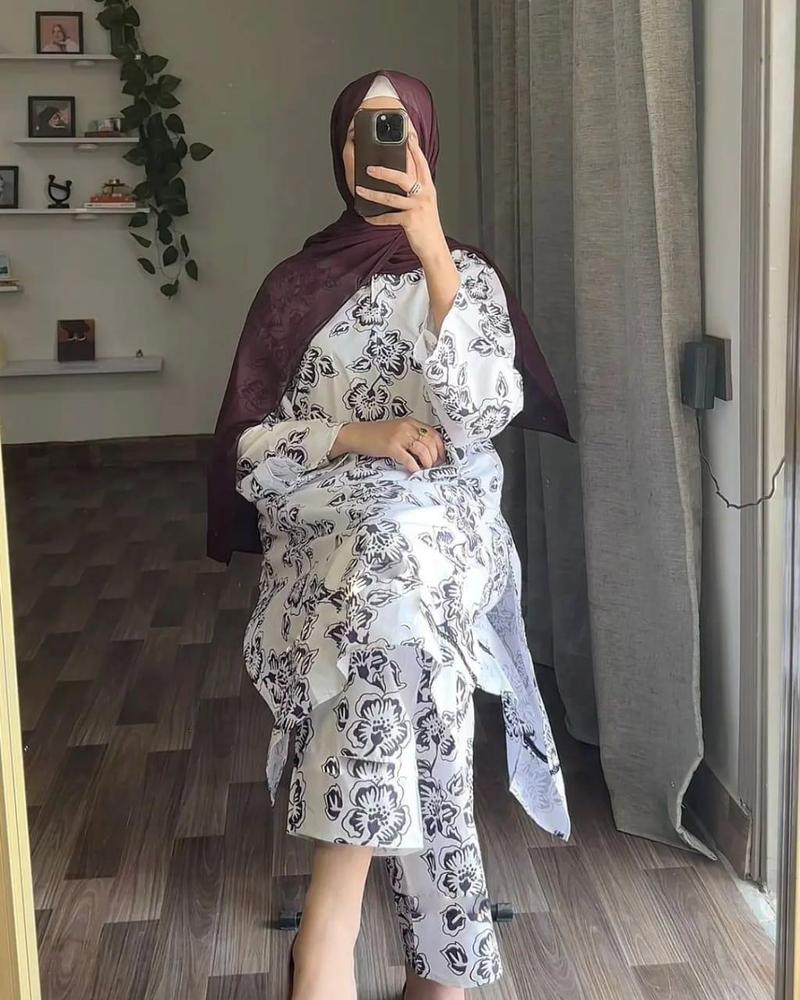 2 Pcs Women's Stitched Linen Printed Shirt And Trouser