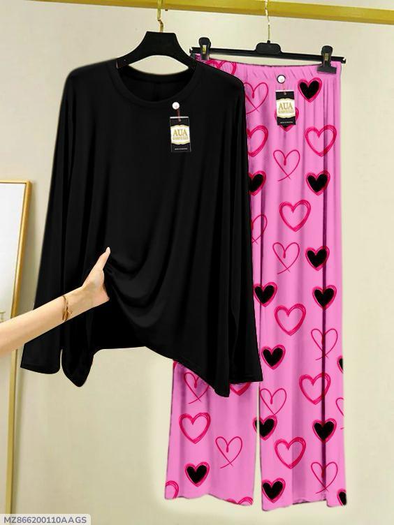 2 Pcs Women's Stitched Plain Night Suit heart design