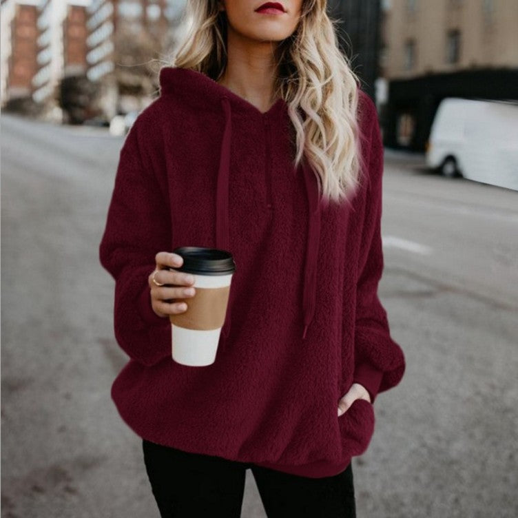 American Long Sleeve Hooded Solid Color Women's Sweater Sweater Jacket
