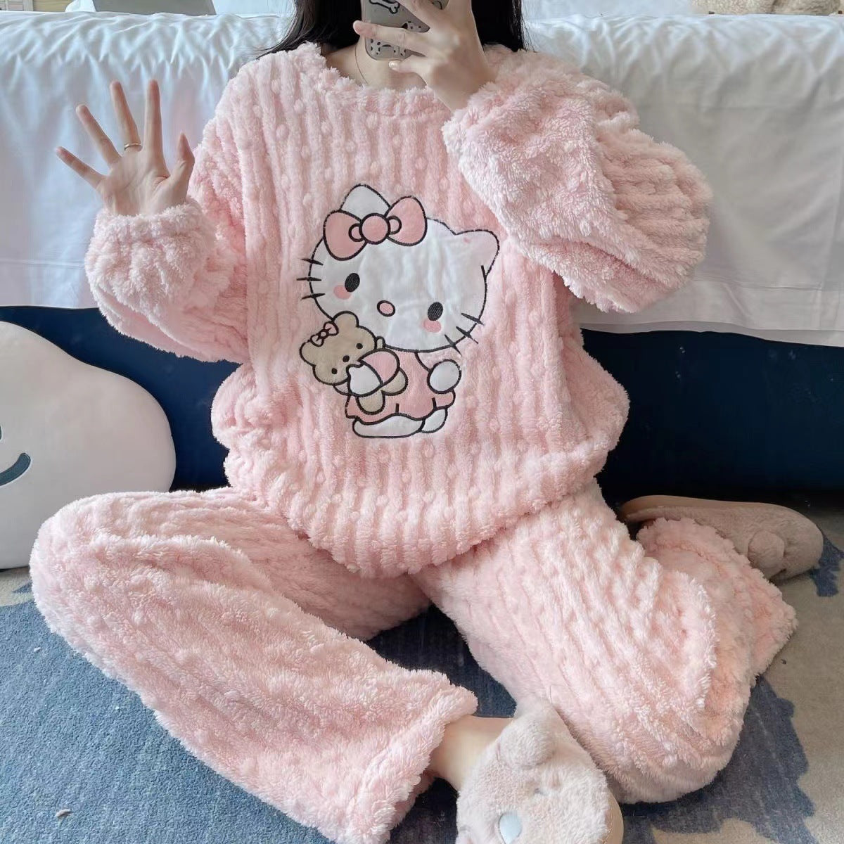 Hello Kitty Bear Coral Fleece Pajamas Winter Flannel Thickened Pants Sweet Cartoon Cute Home Clothes suit