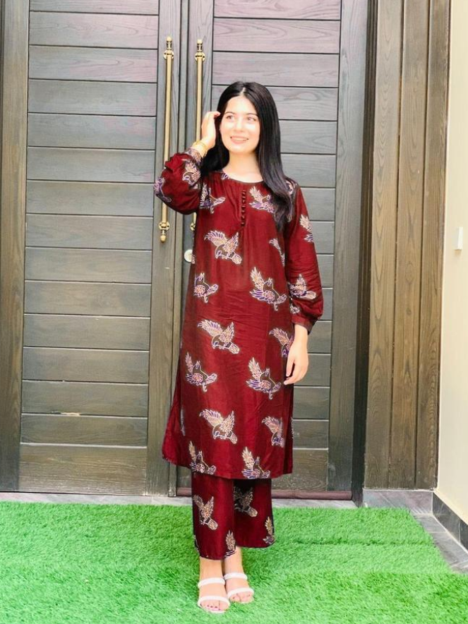 Two,Pcs Women's Stitched Linen Printed Shirt And Trouser - Maroon