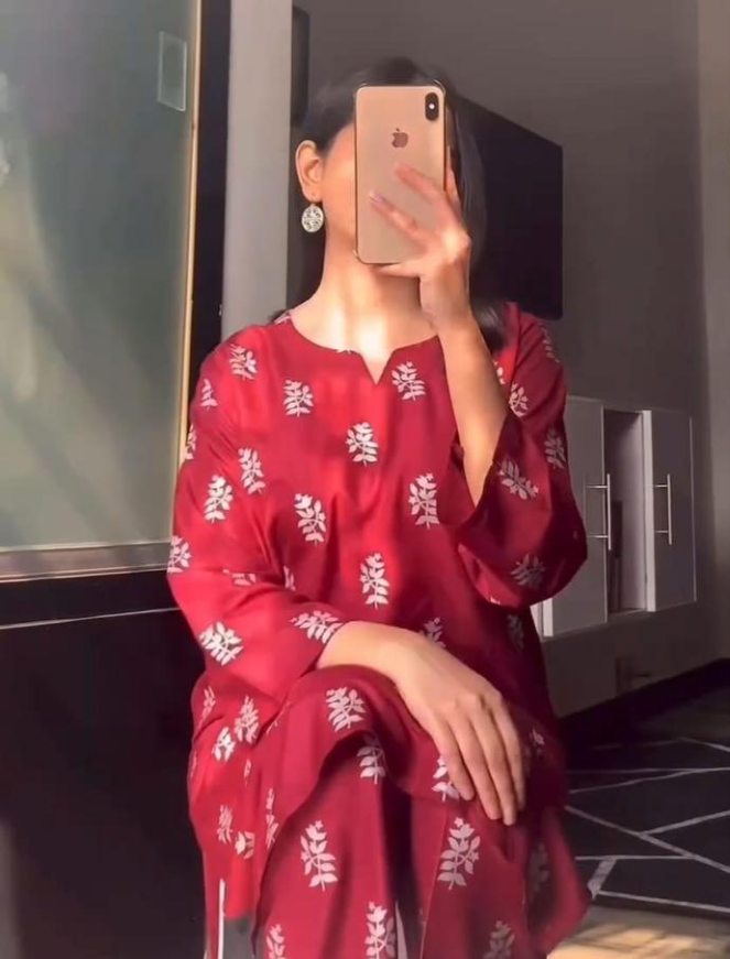 2 Pcs Women's Stitched Linen Printed Suit red ♥️