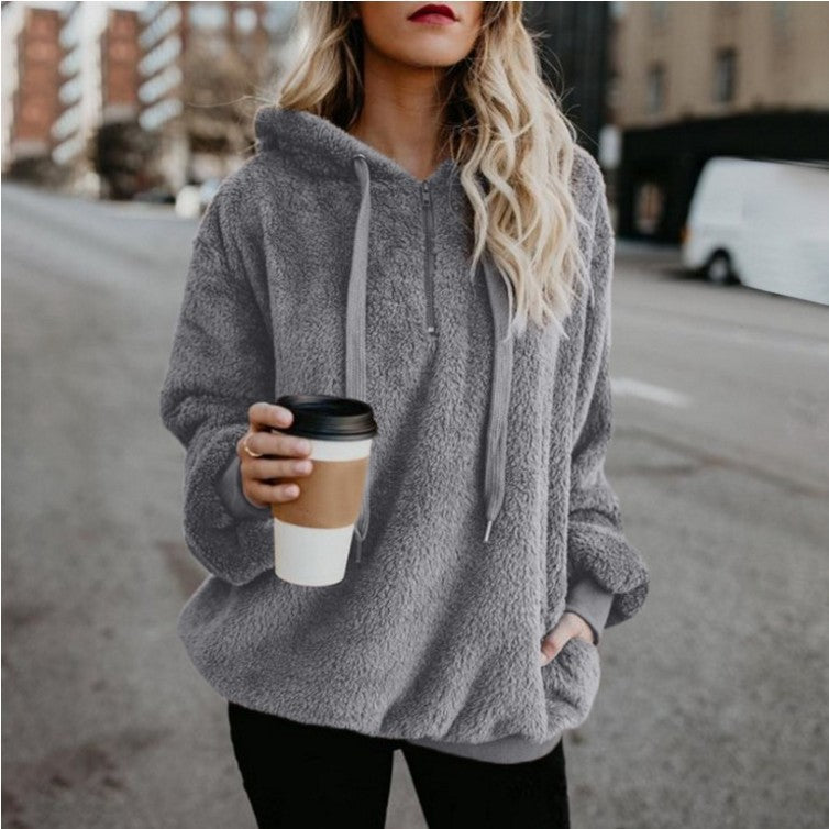 American Long Sleeve Hooded Solid Color Women's Sweater Sweater Jacket