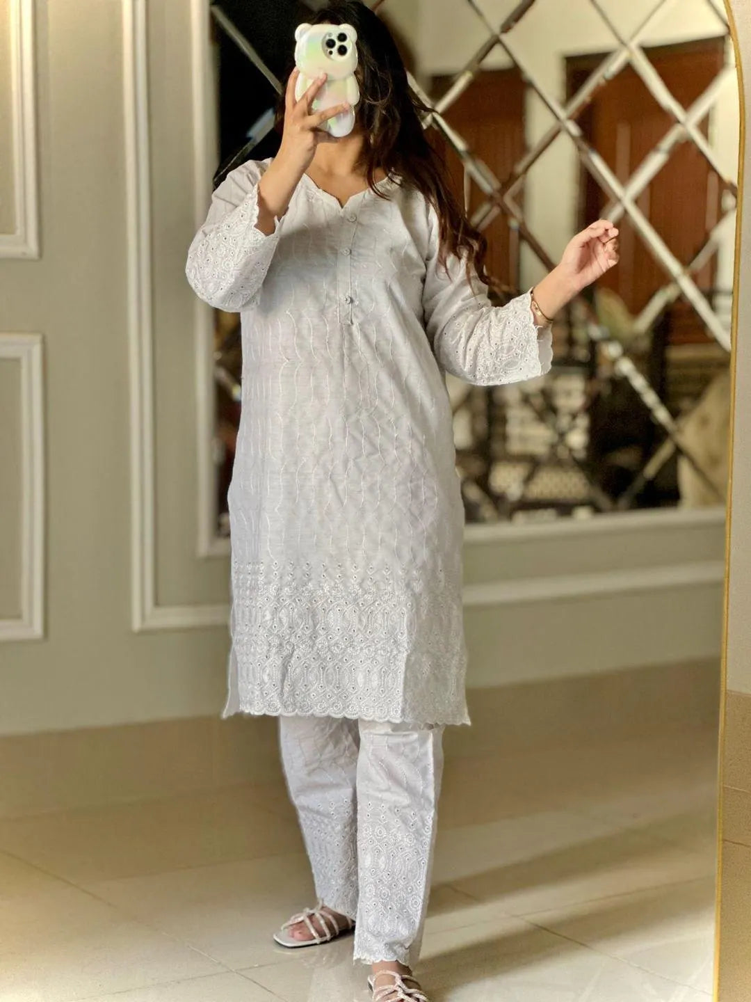 Women's Stitched Chikankari Plain Shirt And Trouser Two PCs