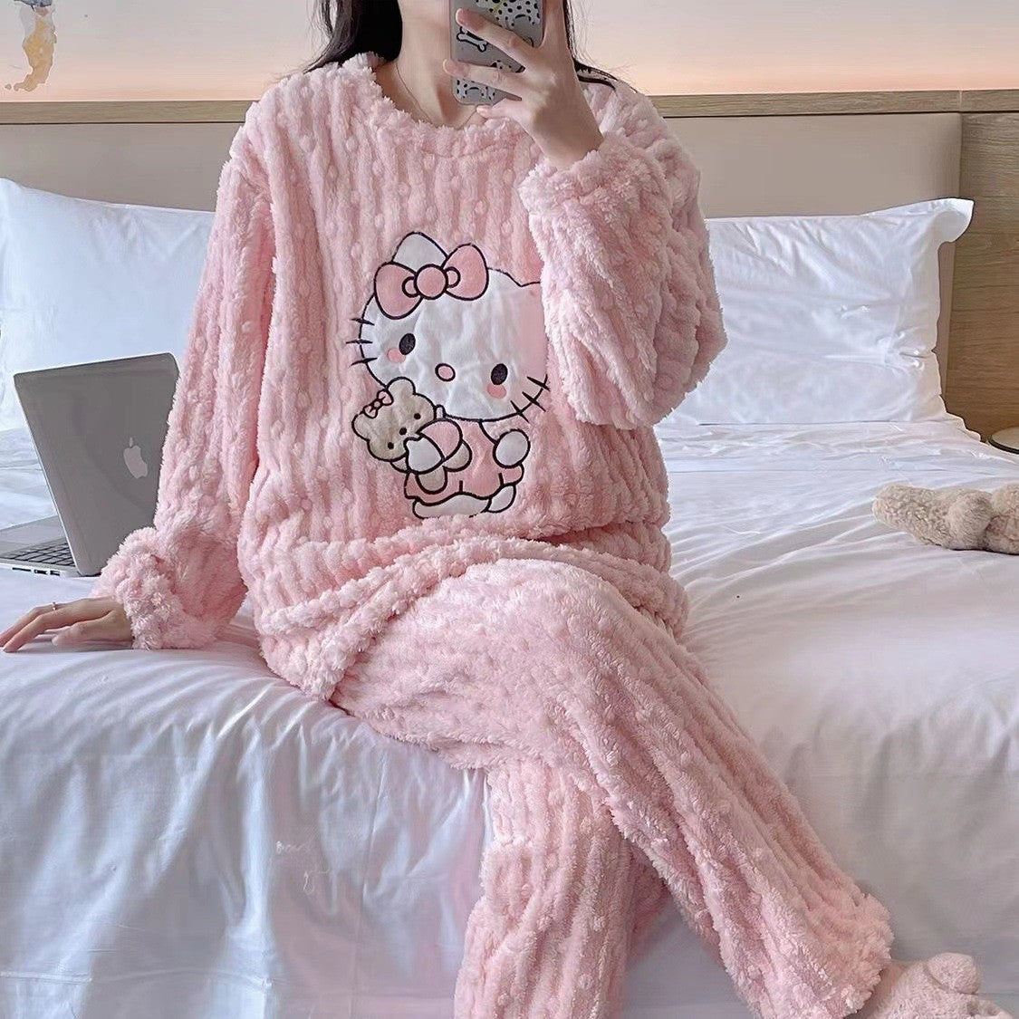 Hello Kitty Bear Coral Fleece Pajamas Winter Flannel Thickened Pants Sweet Cartoon Cute Home Clothes suit