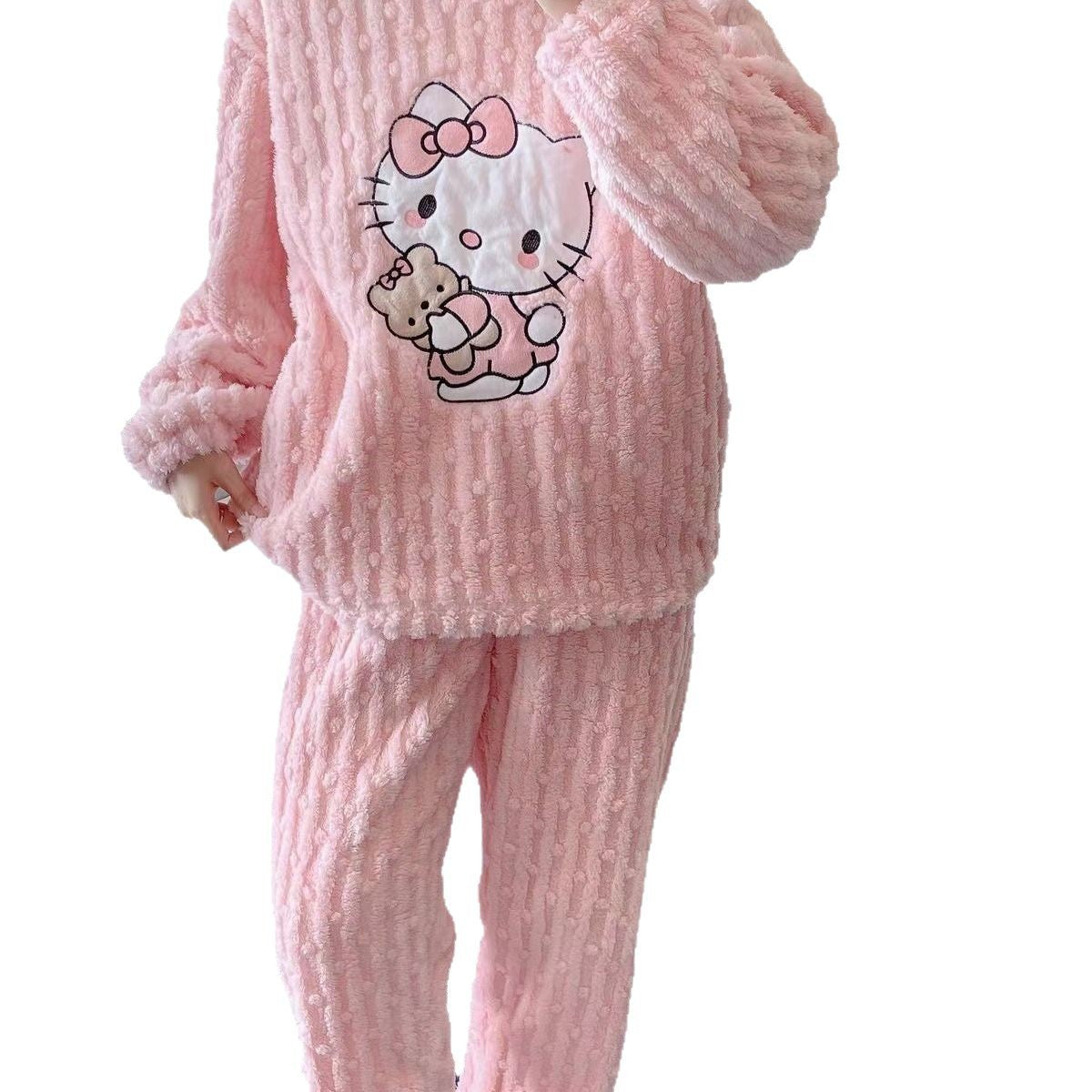 Hello Kitty Bear Coral Fleece Pajamas Winter Flannel Thickened Pants Sweet Cartoon Cute Home Clothes suit