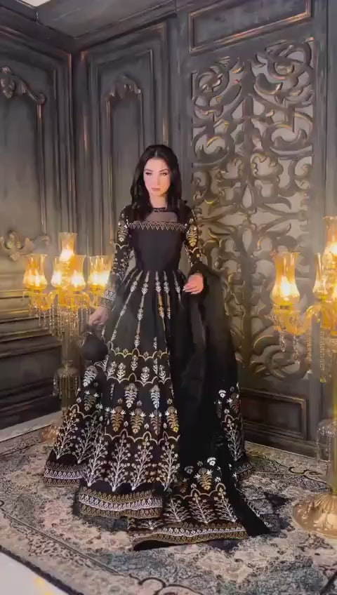 Luxury party Women's Stitched Katan Silk Digital Print Maxi Suit