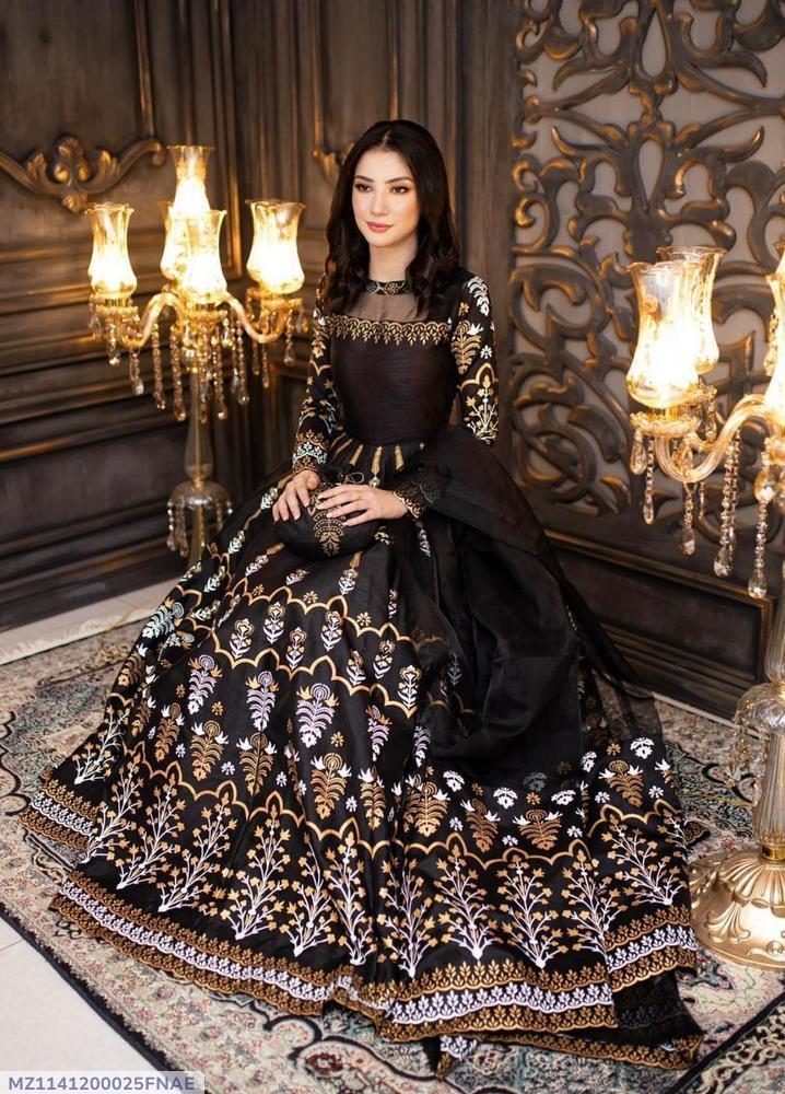 Luxury party Women's Stitched Katan Silk Digital Print Maxi Suit