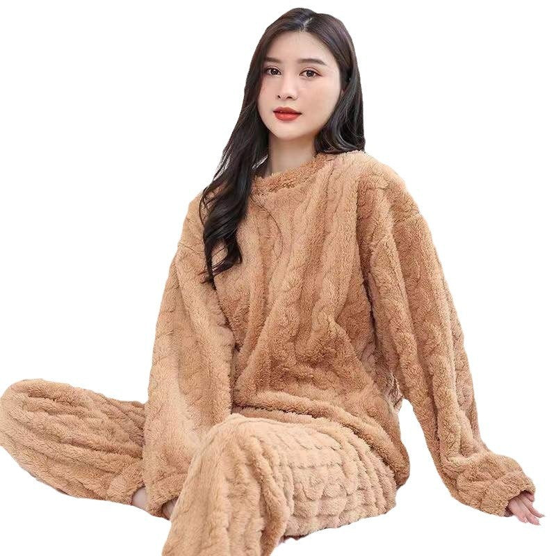 New Winter Unisex Solid Color Jacquard Flannel Warm Suit Thickened Thermal Couple Loungewear