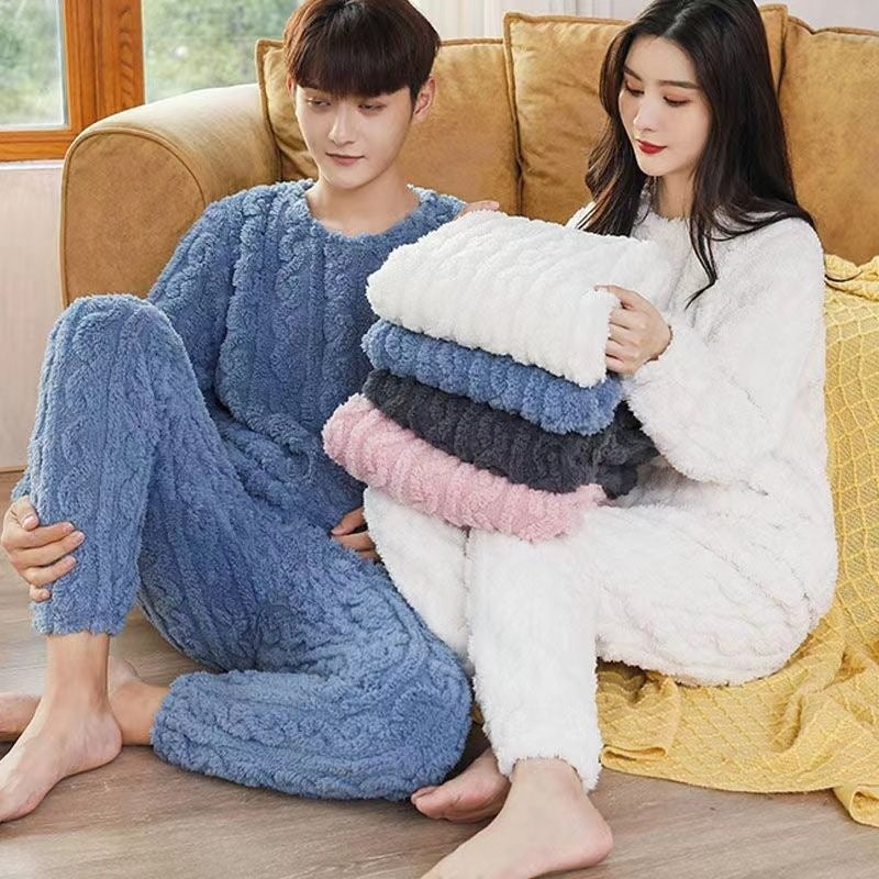 New Winter Unisex Solid Color Jacquard Flannel Warm Suit Thickened Thermal Couple Loungewear