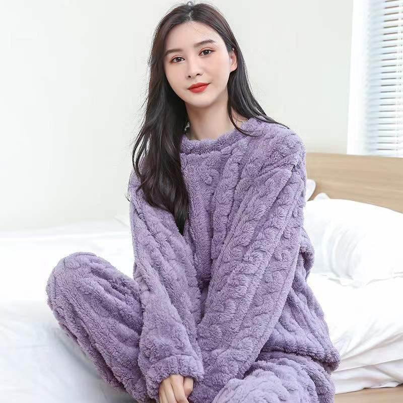 New Winter Unisex Solid Color Jacquard Flannel Warm Suit Thickened Thermal Couple Loungewear