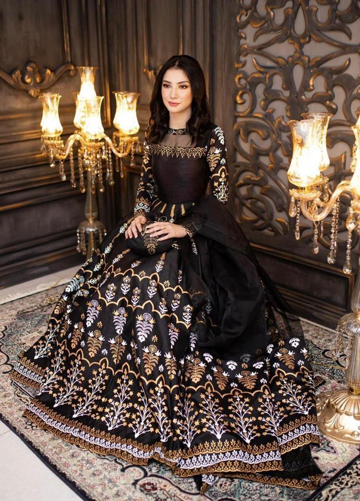 Luxury party Women's Stitched Katan Silk Digital Print Maxi Suit