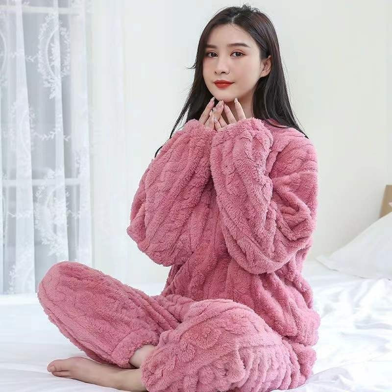 New Winter Unisex Solid Color Jacquard Flannel Warm Suit Thickened Thermal Couple Loungewear